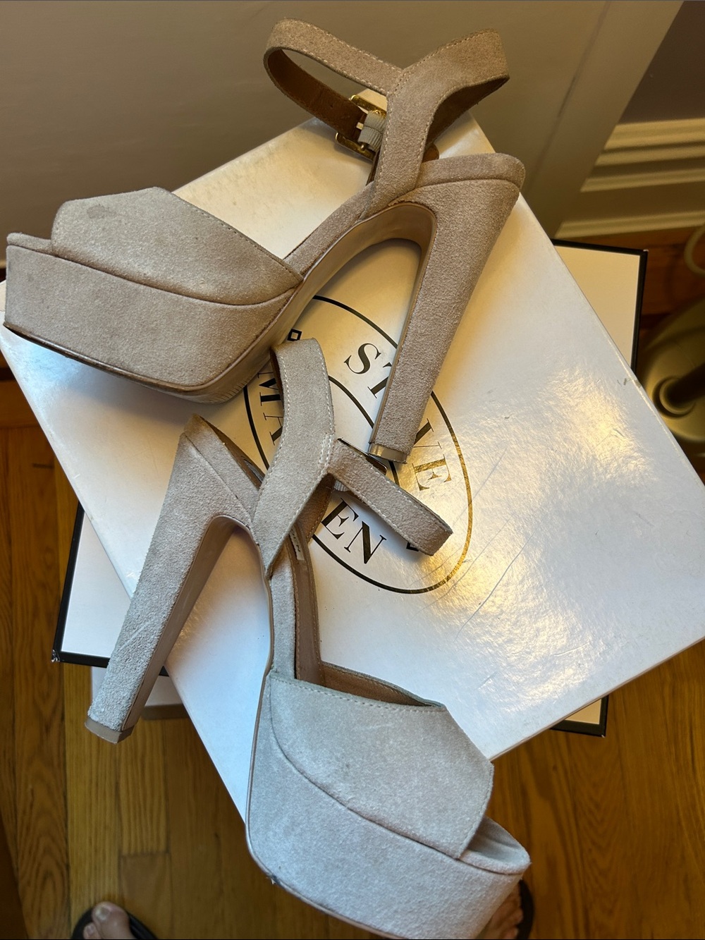 Steve Madden Taupe Platform Peep-Toe Sandal with Ankle Strap